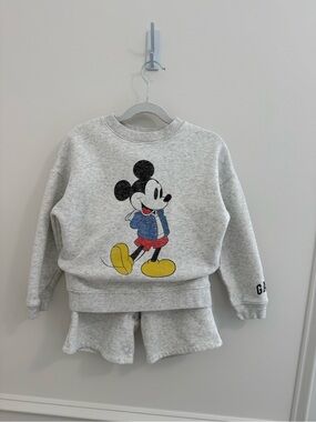 Disney x GAP Gray Mickey Mouse Sweatshirt & Shorts Set with Yellow & Red Accents